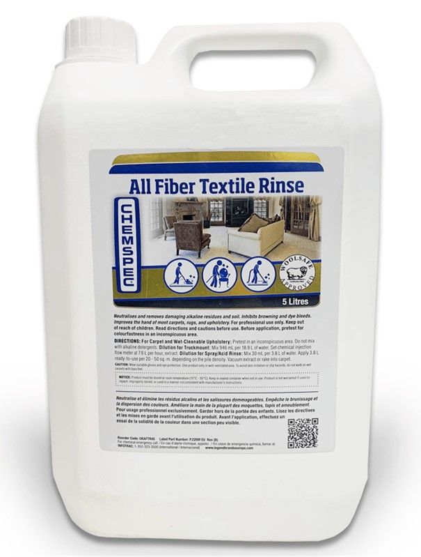 Chemspec All Fibre Textile Rinse Neutralizes damaging alkaline residues and removes road salt, calcium deposits and urine salts.