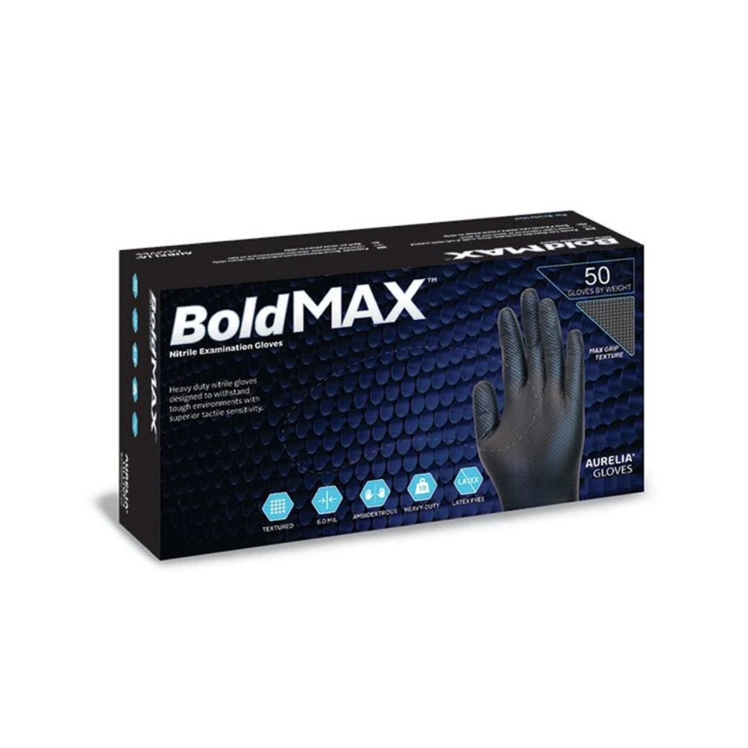 Aurelia Bold MAX Glove. A Premium black Nitrile glove that offers superb tensile strength with a unique Diamond Texture for unrivalled grip. Nitrile examination gloves offer extra comfort and flexibility.   • 6mil Powder-Free Nitrile • Diamond Textured for enhanced gripping • Latex Free