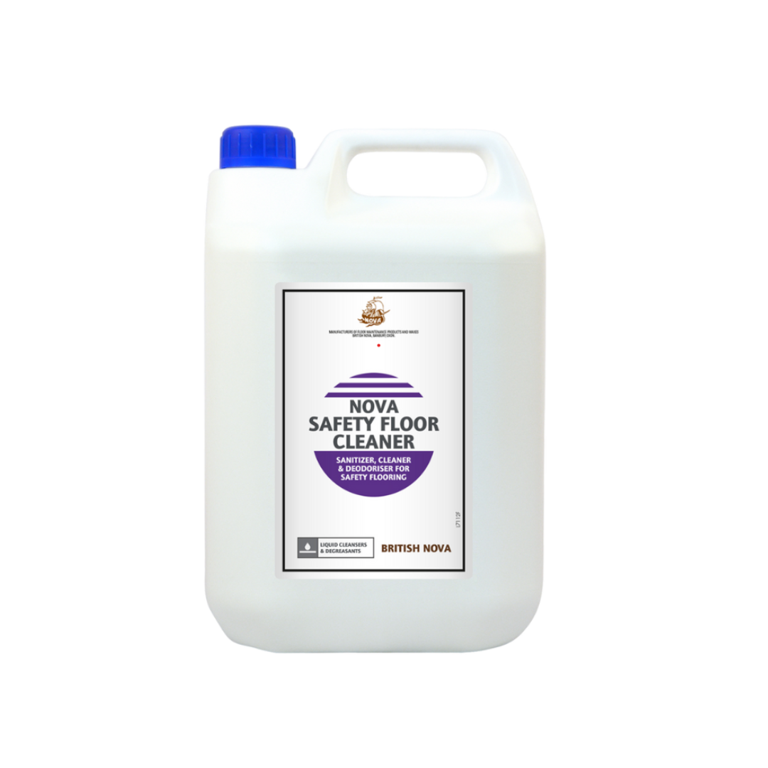 Bottle of Nova Safety Floor Cleaner, effective for swift soil removal, deep cleaning, and routine maintenance of safety floors. Contains bactericidal compounds, making it suitable for disinfecting areas like hospitals, nursing homes, schools, and canteens. Complies with European Suspension Test BS EN 1276, effective against pseudomonas aeruginosa, Escherichia coli, staphylococcus aureus, and enterococcus hirae with a 5-minute contact time. Suitable for safety floors by Armstrong Flooring, Jaymart, Polyflor,