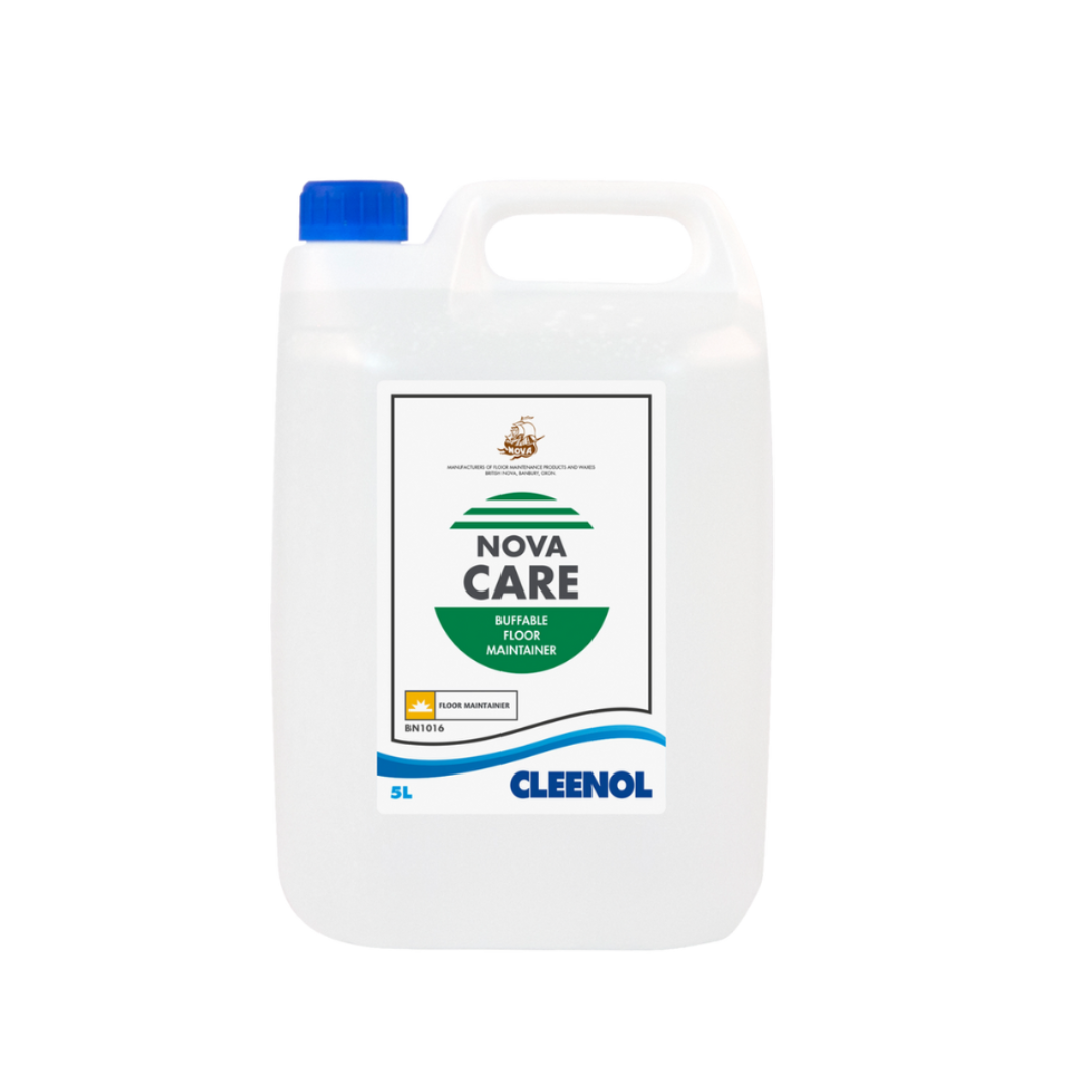 Image: A bottle of Cleenol premium quality floor maintainer.  Alt Text: "Bottle of Cleenol premium quality floor maintainer containing a range of waxes for cleaning, protecting, and polishing in one operation. Leaves a long-lasting antistatic finish that dissipates static charge. Suitable for use on vinyl, vinyl asbestos, linoleum, thermoplastic, wood, sealed wood, sealed cork, terrazzo, and marble floors. Can be used as a mopping fluid or for spray-cleaning, leaving a protective residue.