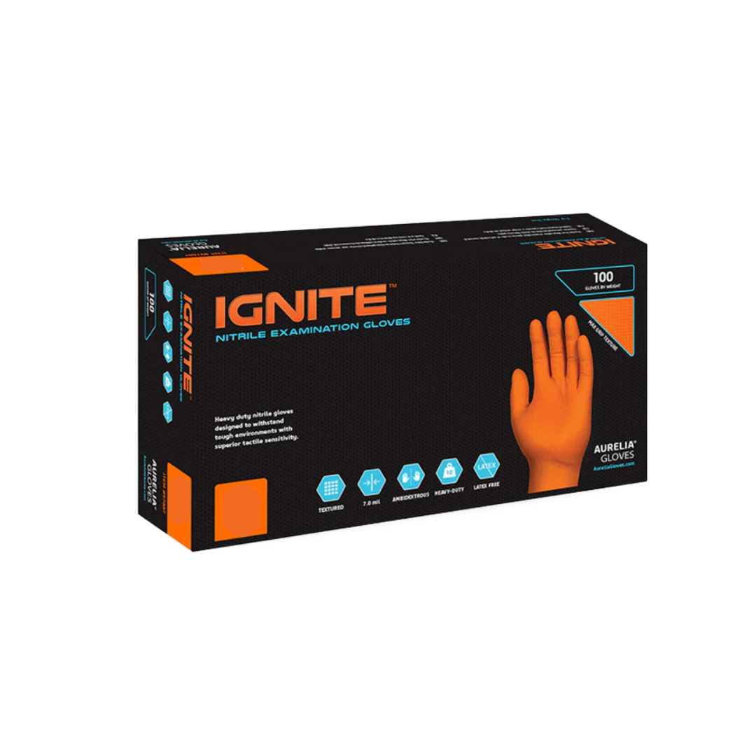 Premium quality Orange Nitrile examination gloves that offer greater tensile strength and protection than both Latex and Vinyl.  Nitrile examination gloves offer extra comfort and flexibility.  7mil Heavy Duty Industrial Nitrile Diamond Textured For Advanced Gripping Long Lasting Durability Latex Free AQL 1.5