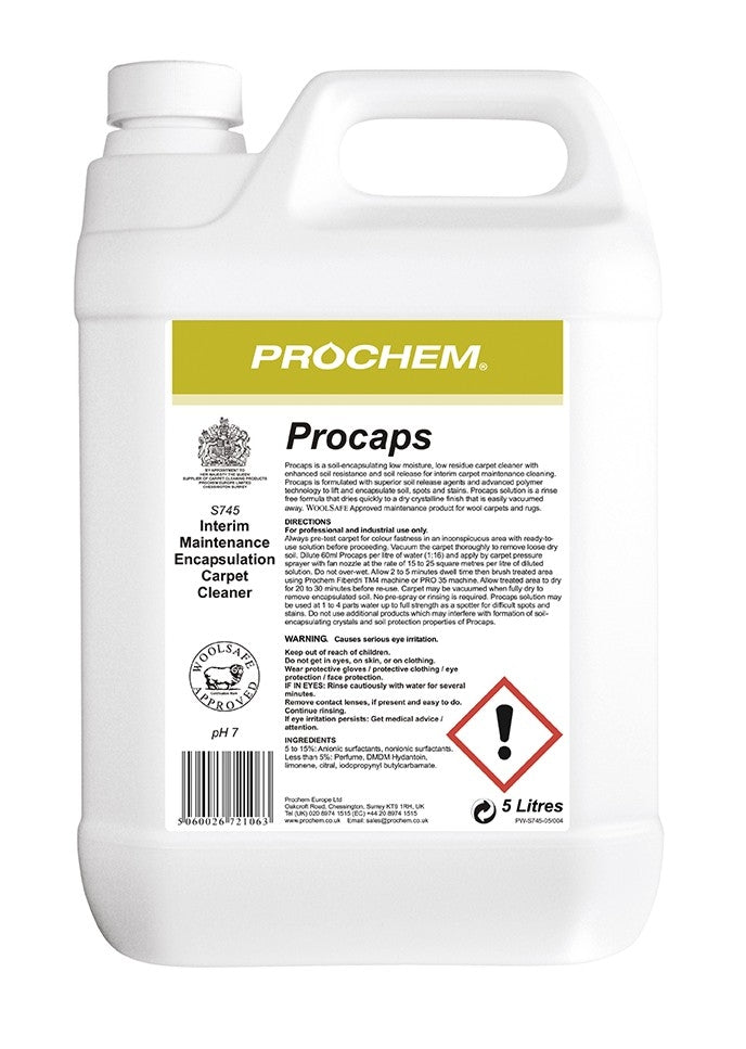 Prochem Procaps  Encapsulating Cleaner a WoolSafe approved maintenance product for wool carpets and rugs. Clear liquid with lemon & lime fragrance.