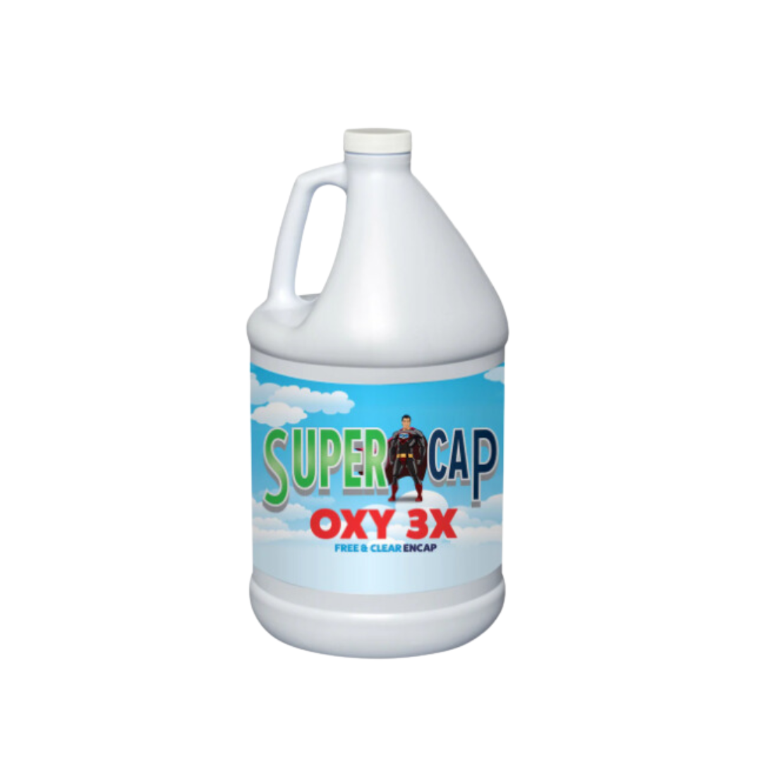 This product is high performing encap/bonnet, low moisture and hot water extraction pre-spray. It blends detergents with insanely good smelling organic solvents and peroxide that murder oil, grease and soil right then and there. Even at lower water temperatures, SUPER CAP has incredible working power with T3H encapsulating polymers that allows you to suspend and remove the encapsulated soil.
