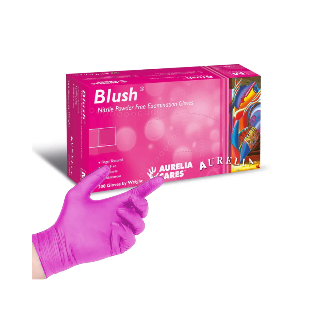 Aurelia Blush Pink Nitrile examination gloves, quantity 200, provide advanced anti-aging and moisturizing properties.