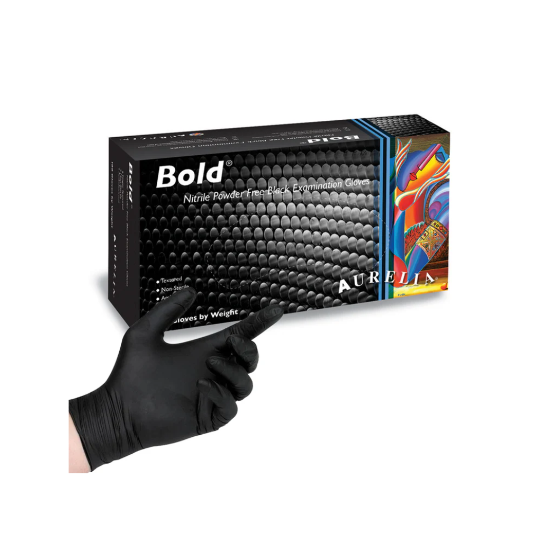 Aurelia Bold Premium quality Black Nitrile examination gloves that offer greater tensile strength and protection than both Latex and Vinyl.