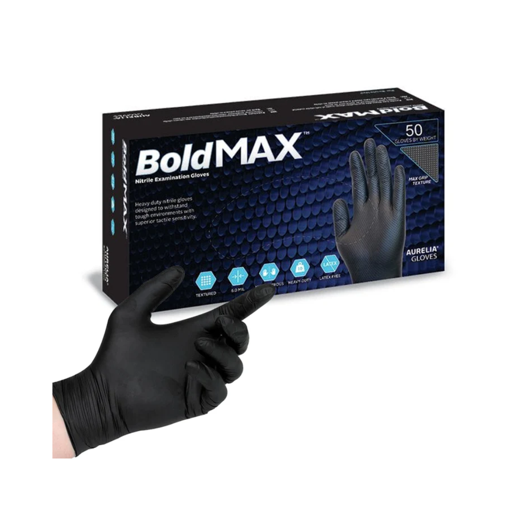 Aurelia Bold MAX Glove. A Premium black Nitrile glove that offers superb tensile strength with a unique Diamond Texture for unrivalled grip.