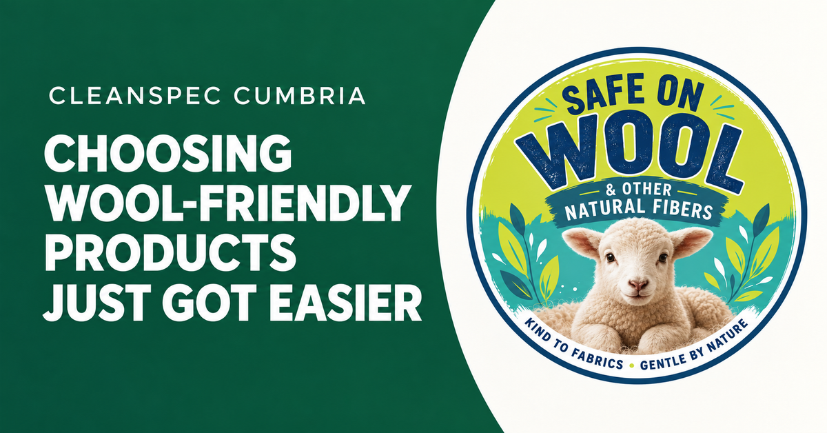 Cleanspec Cumbria Safe on Wool label helping professional cleaners identify wool-friendly cleaning products