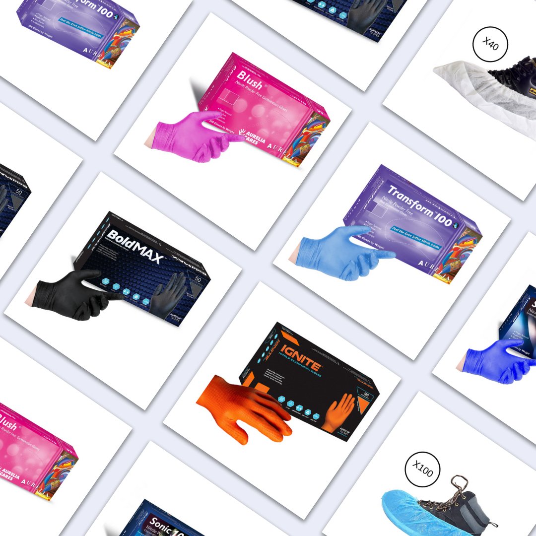 Aurelia Gloves  showcasing premium disposable examination gloves for various industries including healthcare, dental, laboratory, and industrial sectors. The site highlights different glove types such as nitrile, latex, and vinyl