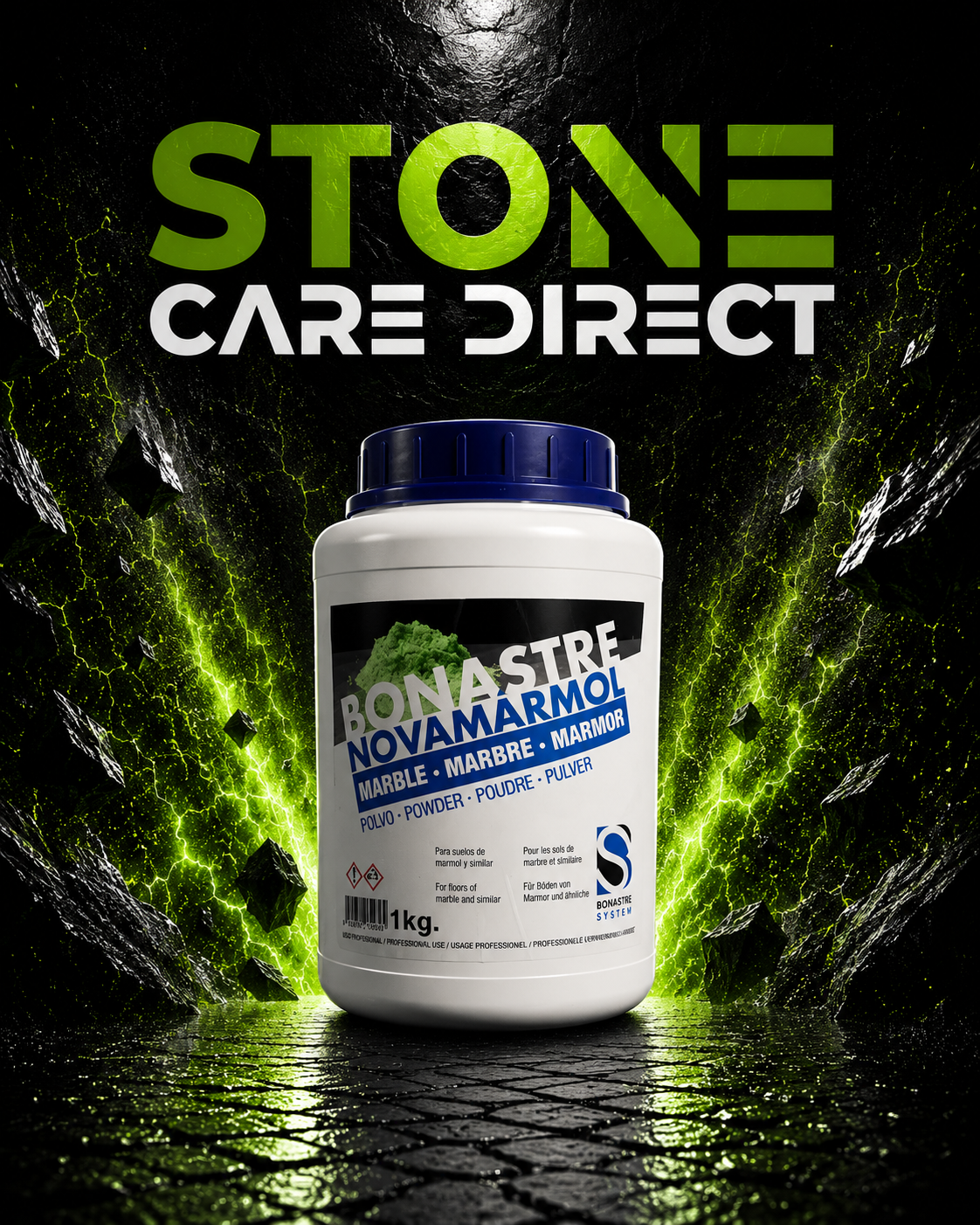 Bottle of Bonastre Novamarmol marble powder with Stone Care Direct branding on a dark background.