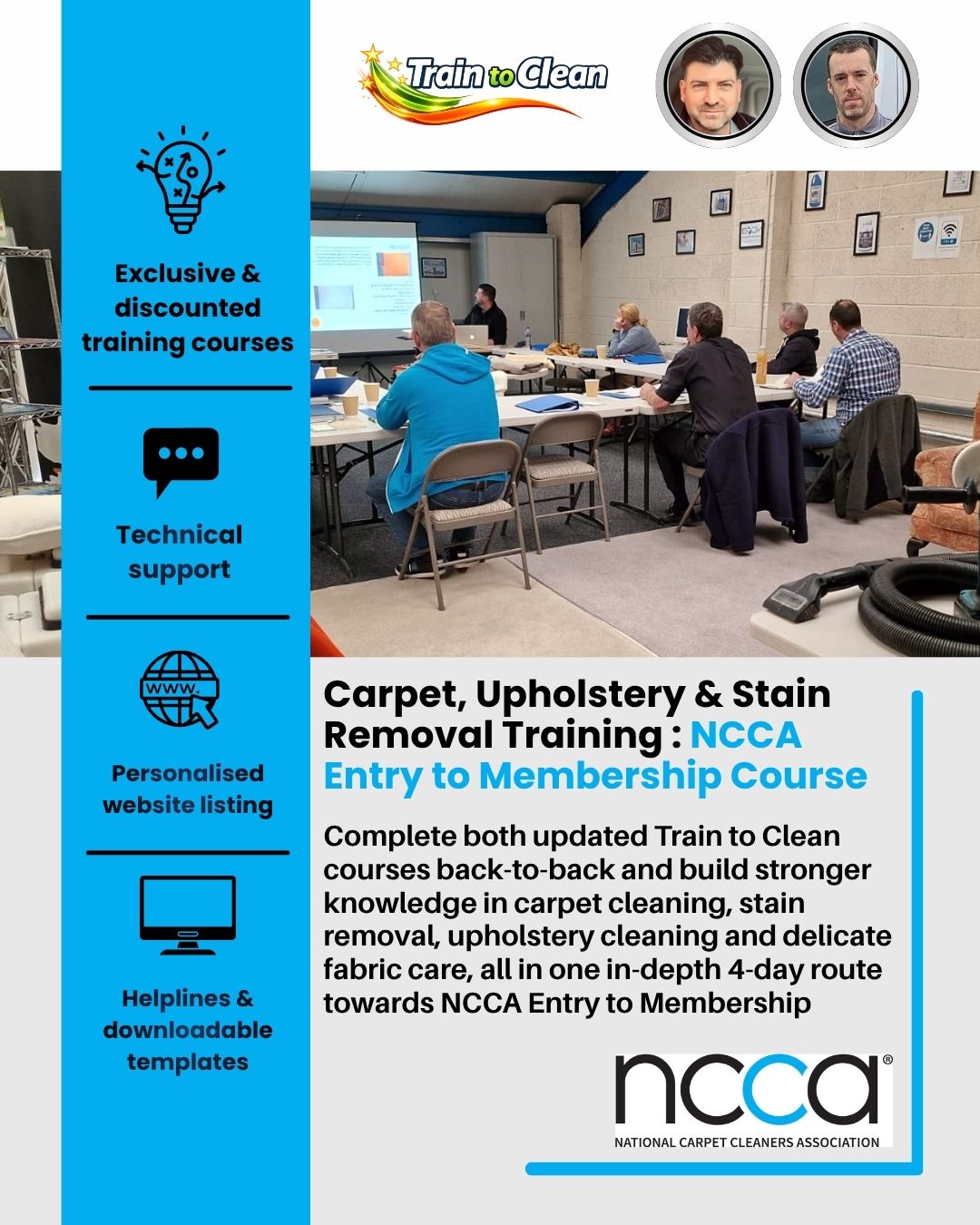 4-day Carpet, Upholstery and Stain Removal training course with Jared Long and Lee Breen at Cleanspec Cumbria, including NCCA Entry to Membership examination and certification