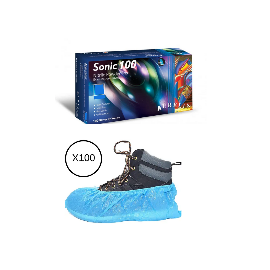 This bundle includes the Aurelia Sonic 100® Nitrile Gloves and Durable CPE Overshoes