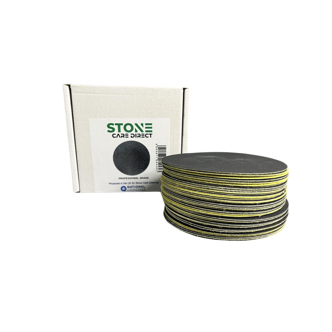 Stonemasonry Silicone Carbide Professional Grade Hook &amp; Loop Discs. Black Silicone  – Ceramics – Marble Disc Size 125mm Pack Contains 50 Discs.&nbsp; Available in Grits 60/120/220/320/400