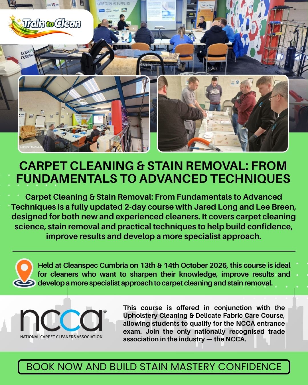 Carpet Cleaning & Stain Removal: From Fundamentals to Advanced Techniques 2-day training course at Cleanspec Cumbria on 13th and 14th October 2026
