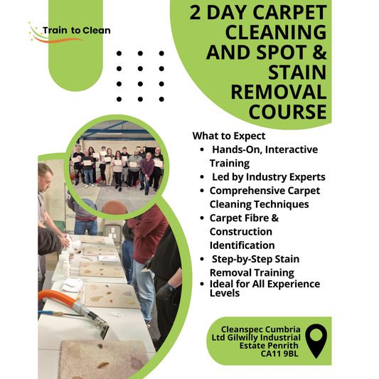 Join our 2-day hands-on carpet cleaning and stain removal training in Cumbria with Train to Clean. Ideal for pros and beginners. Book your place today!
Are you looking to enhance your carpet cleaning expertise or take your business to the next level? Our 2-Day Carpet Cleaning &amp; Spot &amp; Stain Removal Training Course, led by industry experts Jared Long &amp; Lee Breen from Train to Clean, offers a comprehensive, hands-on learning experience designed for both beginners and experienced professionals.