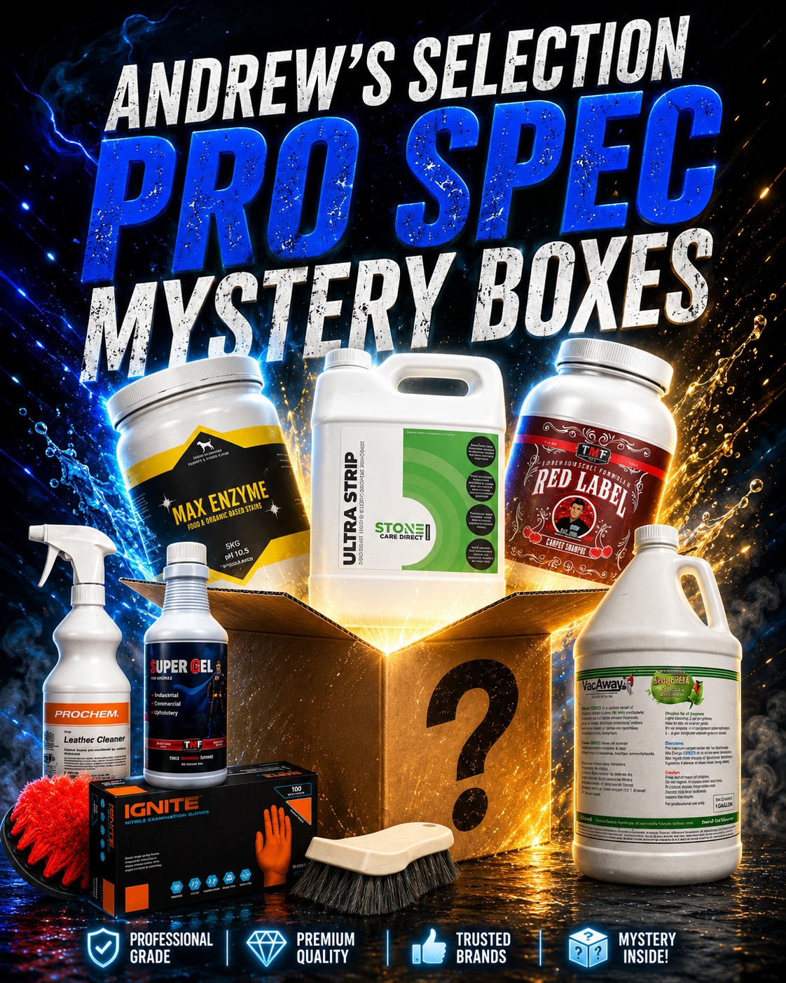Promotional image for Andrew's Selection Pro Spec Mystery Boxes with various cleaning products.