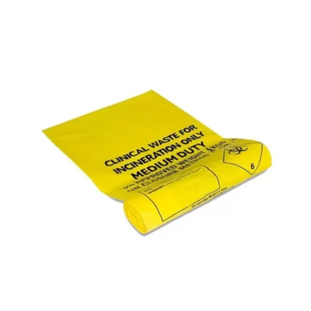 Clinical Waste Sacks - Medium duty&nbsp;

50 bags on a roll

Size 14" x 22" x 25"

Waste Type:&nbsp; Hazardous / infectious and other waste requiring incineration including anatomical waste – Category A, diagnostic specimens, reagents or test vials and kits containing chemicals

Method of disposal:&nbsp;Incineration only.