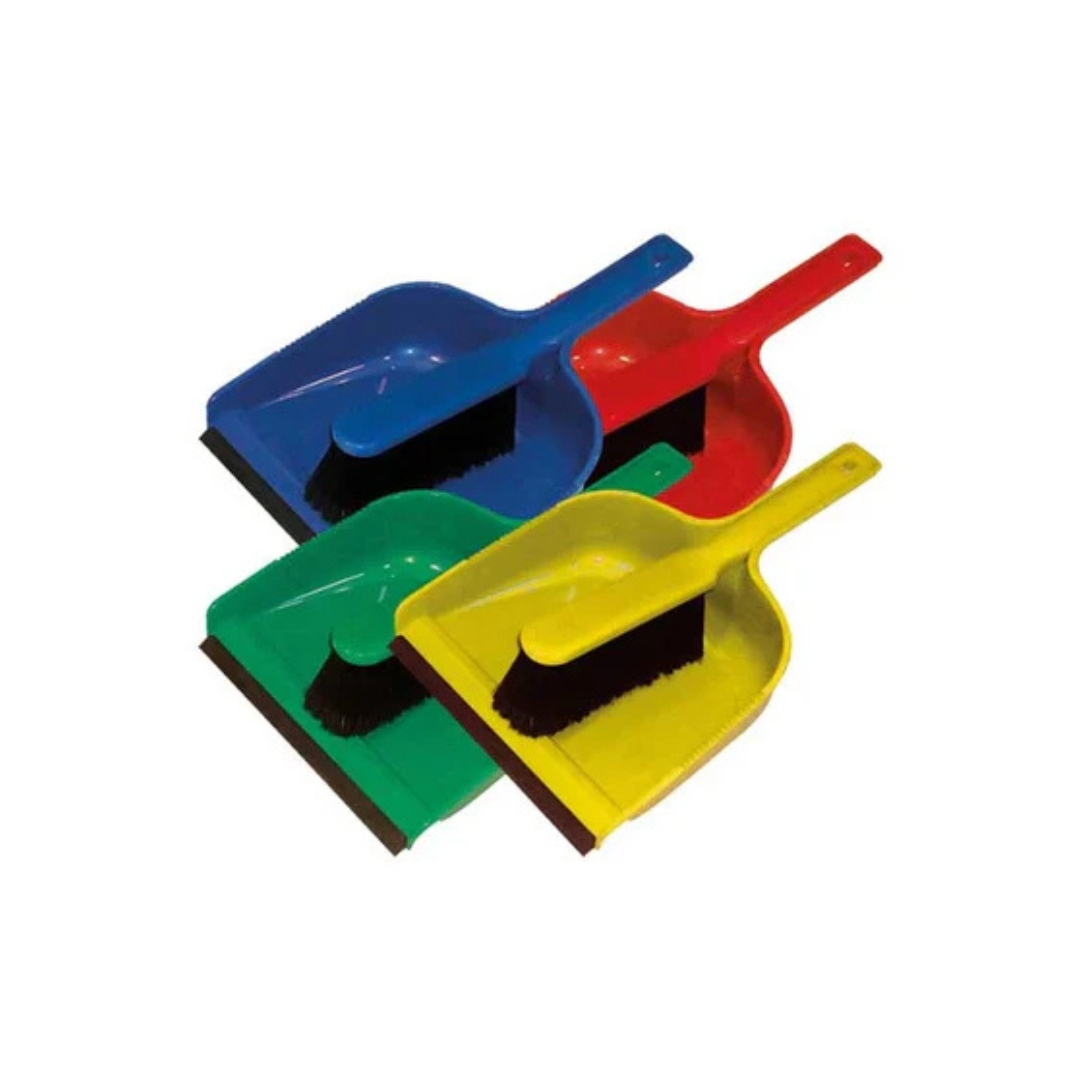 Dust pan and brush set with soft black bristles and rubber edge dustpan