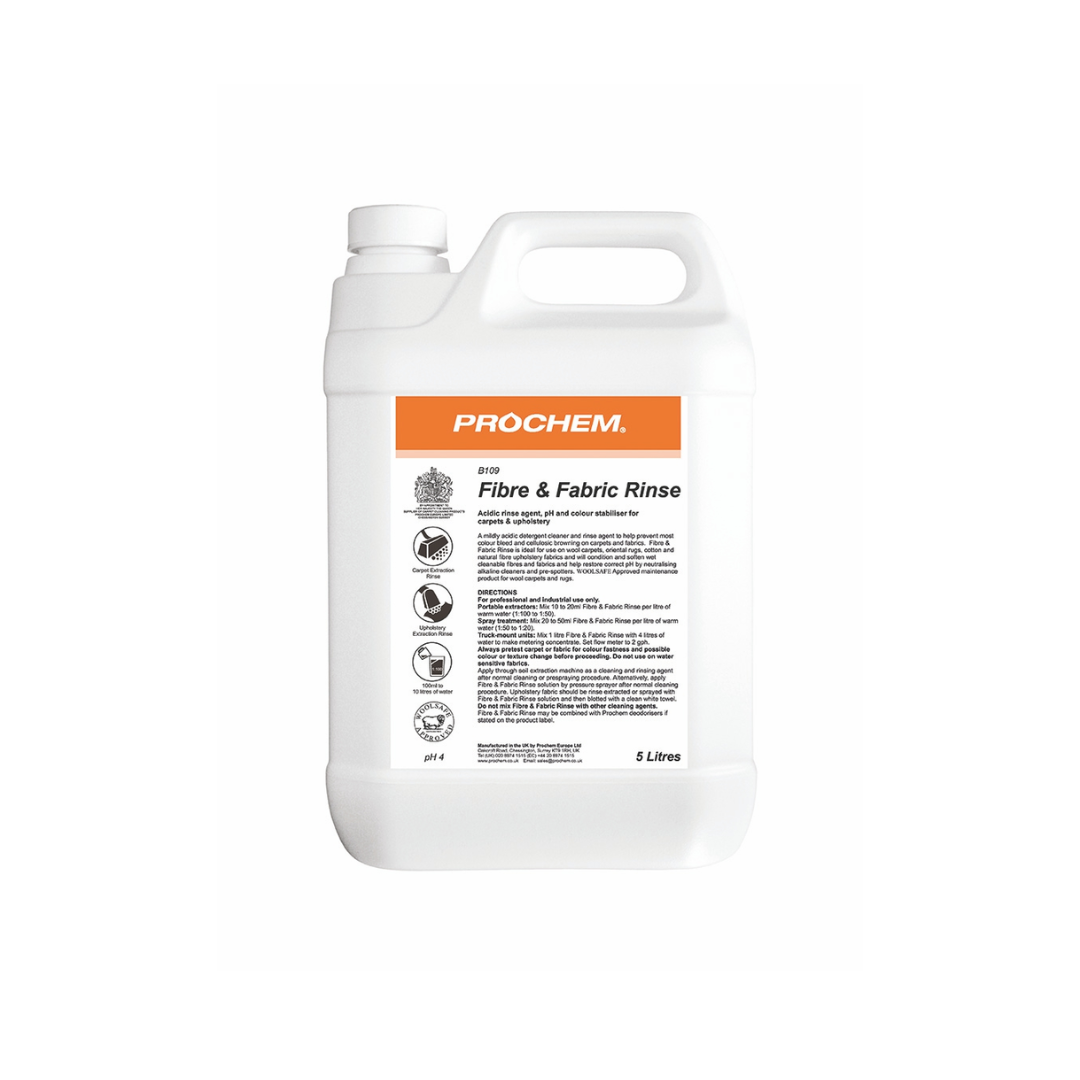 Prochem Fibre and Fabric Rinse an acidic rinse agent which neutralises alkaline pre-sprays and stabilises colours.