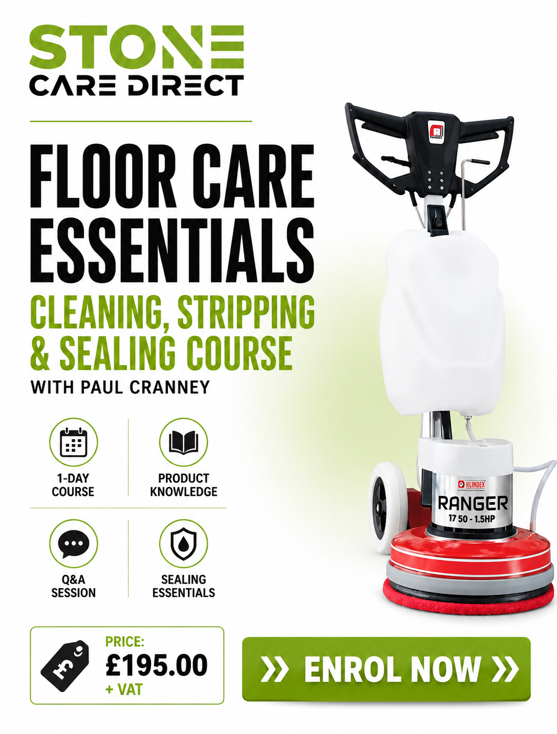 Advertisement for Stone Care Direct floor care course with cleaning machine on a white background