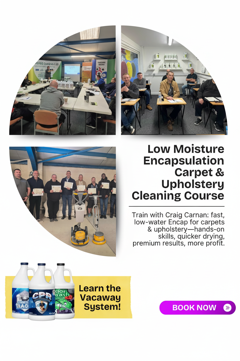 Advertisement for a carpet and upholstery cleaning course with training sessions and product display for low moisture cleaning Vacaway/IClean