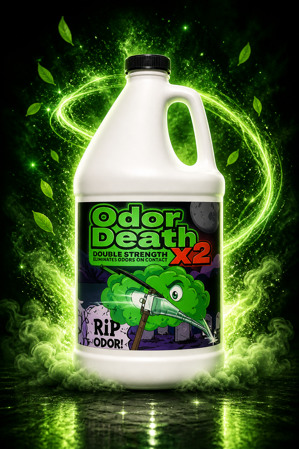 Gallon container of 'Odor Death x2' with green glowing effects on a dark background