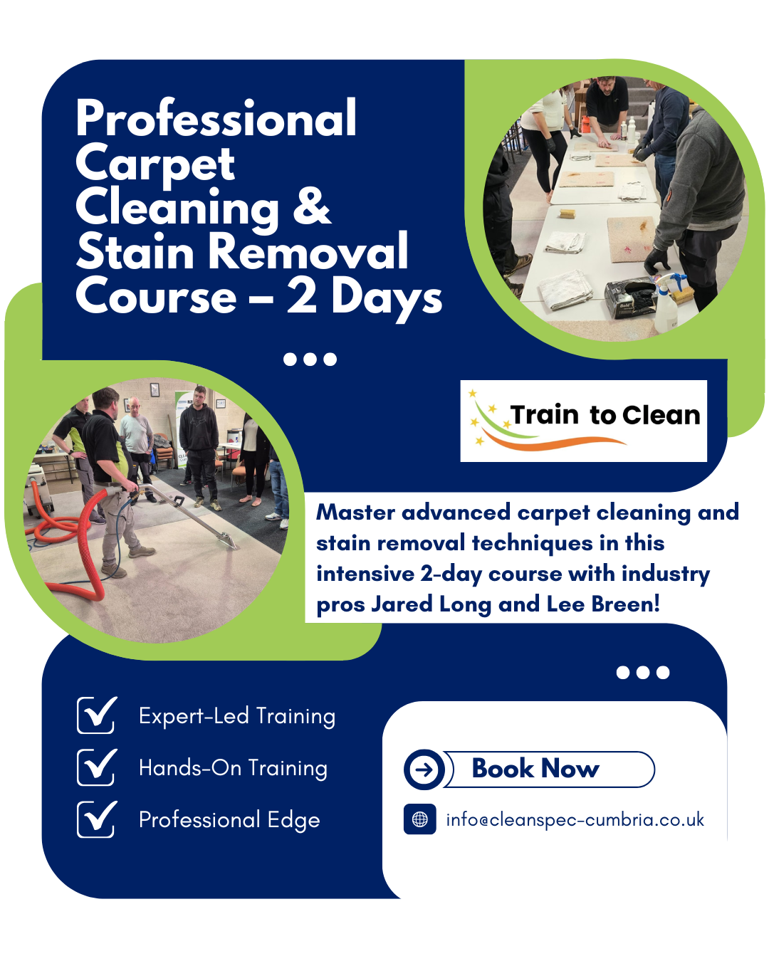 2-Day Carpet Cleaning &amp; Spot and Stain Removal Training Course

With Jared Long &amp; Lee Breen from Train to Clean (T2C)