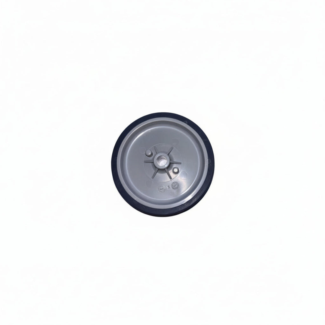 Close-up of a gray wheel with black rim on a white background