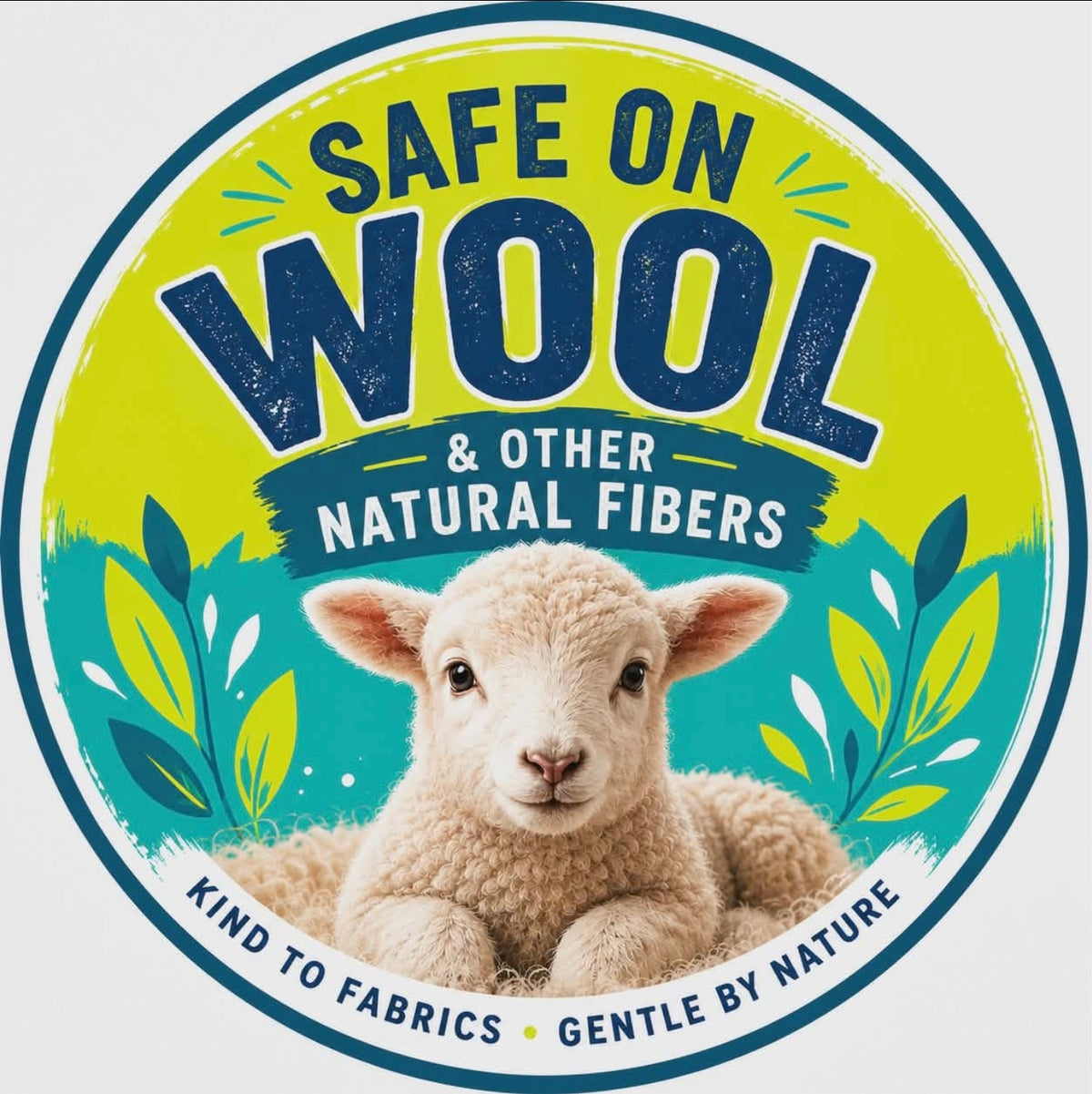 A round product label or packaging graphic with a cream-colored lamb at the center, surrounded by teal and bright yellow-green sections. Large dark blue text reads “SAFE ON WOOL & OTHER NATURAL FIBERS,” with smaller text along the bottom reading “KIND TO FABRICS • GENTLE BY NATURE.