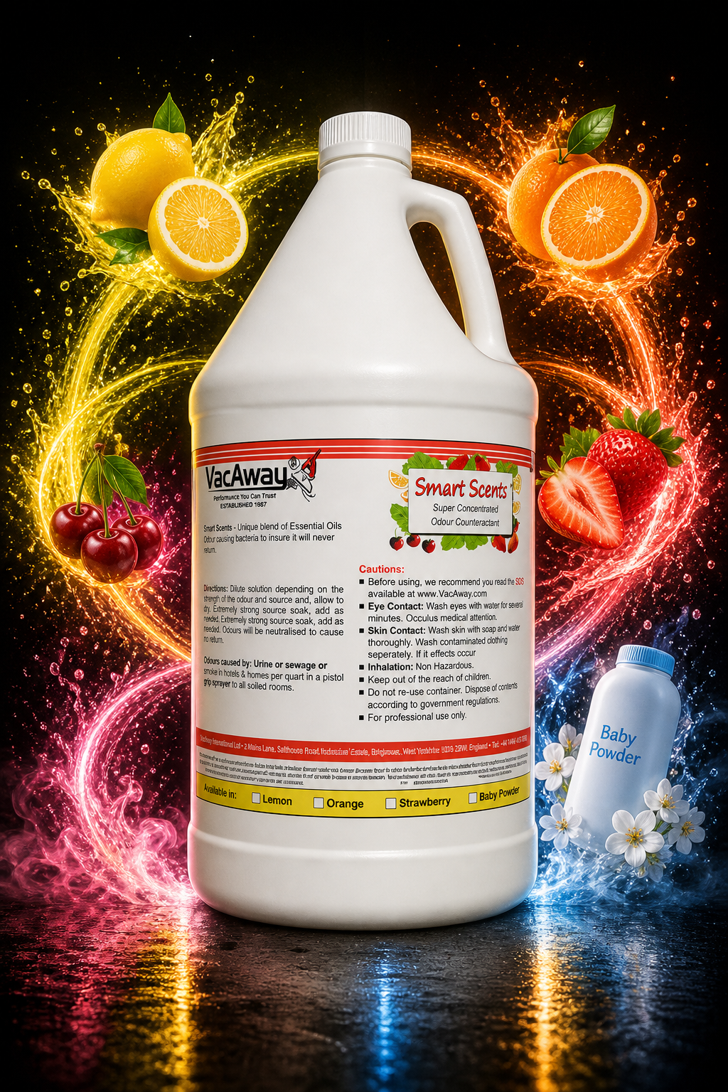 White container with label on a dark background with colorful swirling effects and fruits.