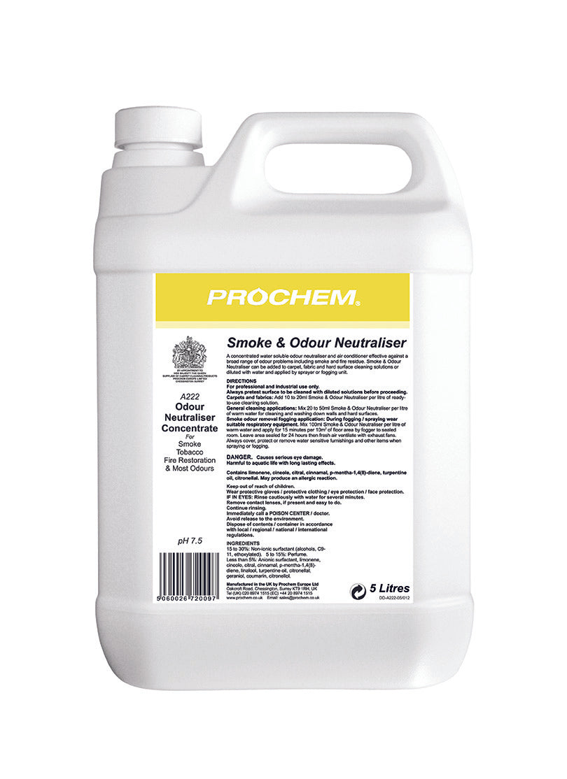 Prochem Smoke & Odour A highly concentrated odour neutraliser for smoke and odour contaminated carpets, fabrics and hard surfaces.