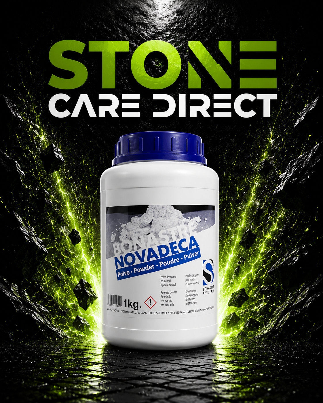 Container of Stone Care Direct product with a dark, textured background