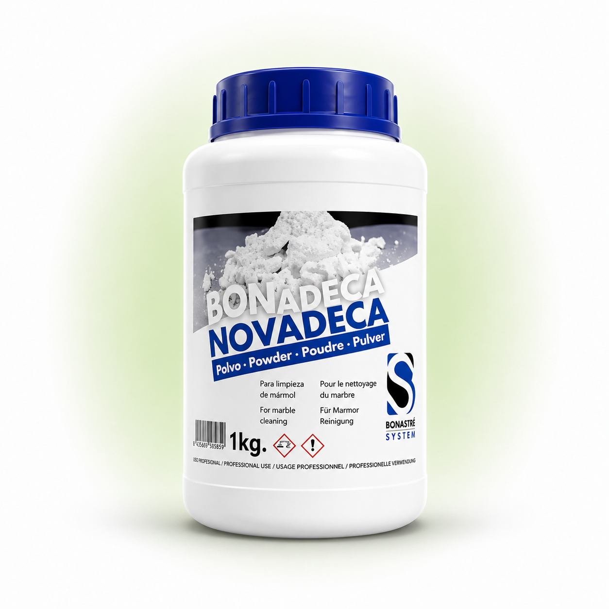 Bottle of Bonadeca Novadeca powder on a white background