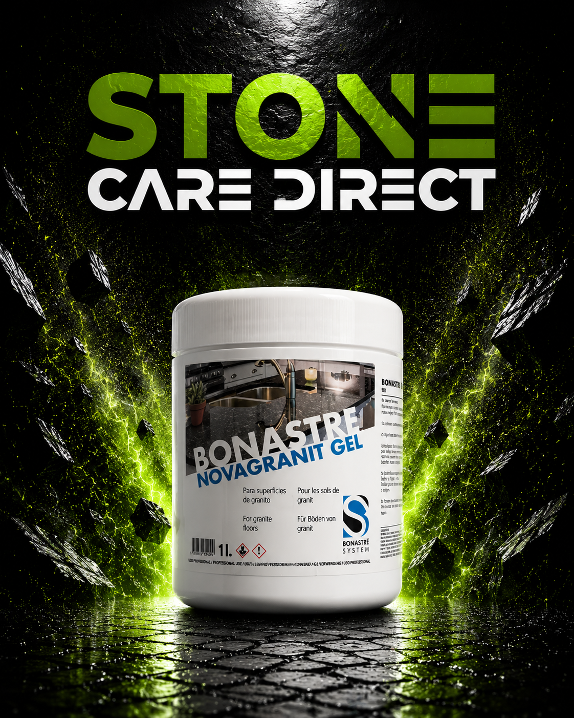 Container of Bonastre Novagranit Gel with Stone Care Direct branding on a dark stone background.
