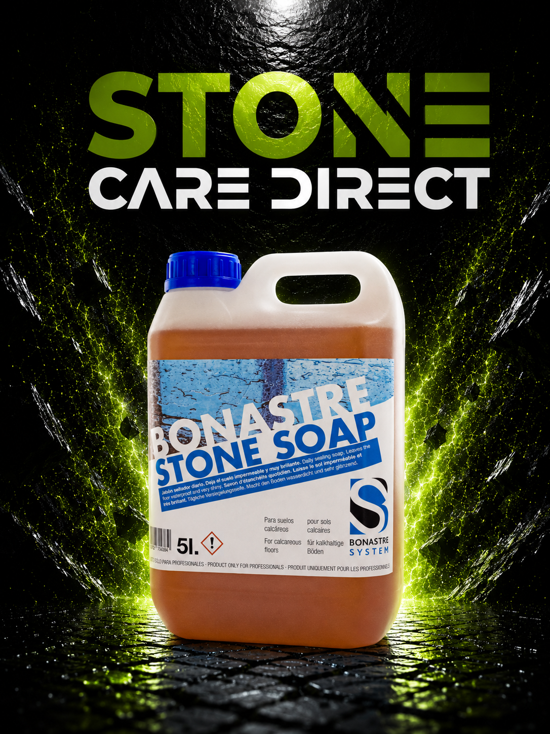 Bottle of Bonastre Stone Soap with 'Stone Care Direct' branding on a dark background.