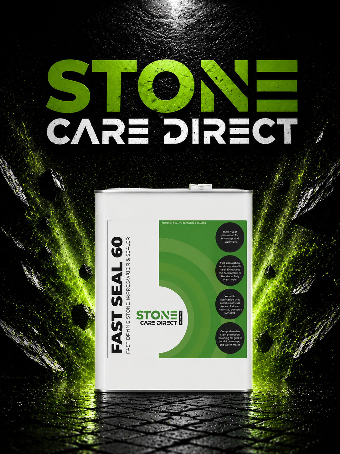 Container of Stone Care Direct Fast Seal 60 on a dark stone background