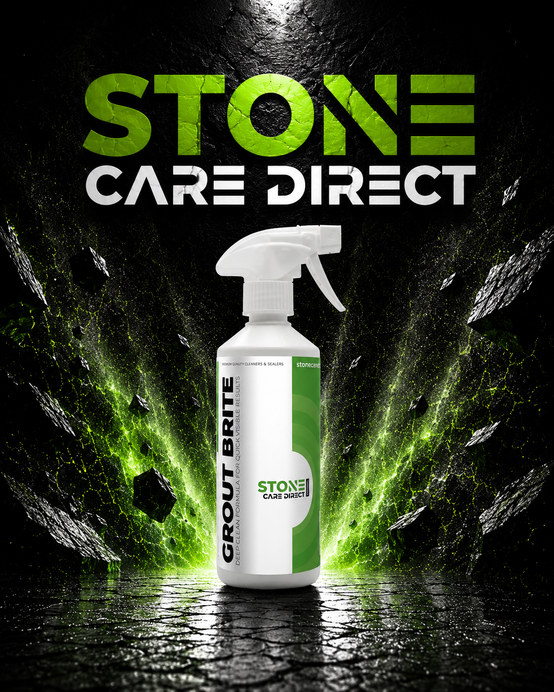 Spray bottle labeled 'Grout Brite' with 'Stone Care Direct' branding against a dark stone background.