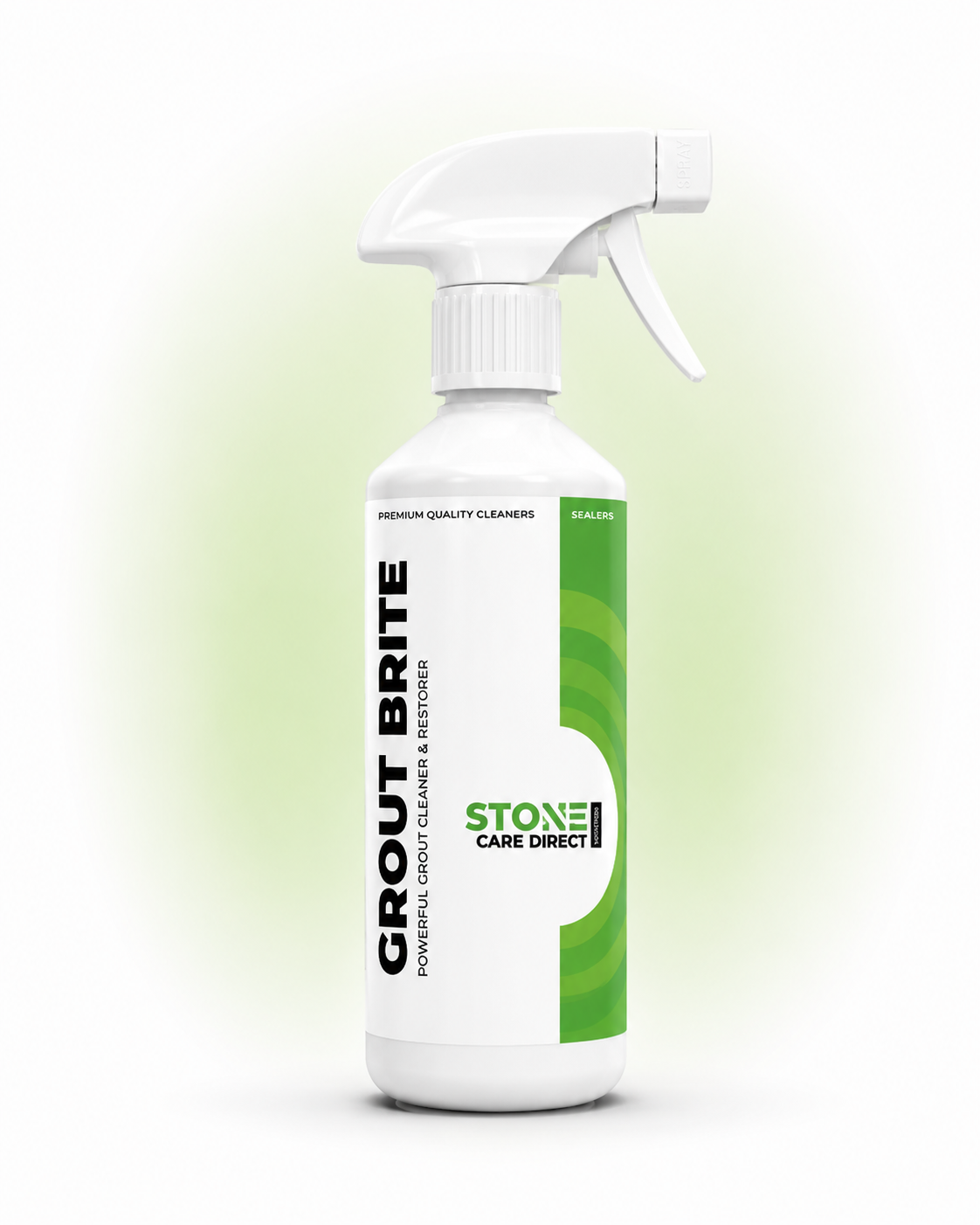Grout Brite cleaning product bottle with Stone Care Direct branding on a gradient background