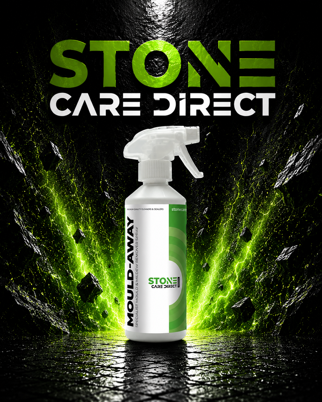 Stone Care Direct spray bottle with mold-away label on a dark background