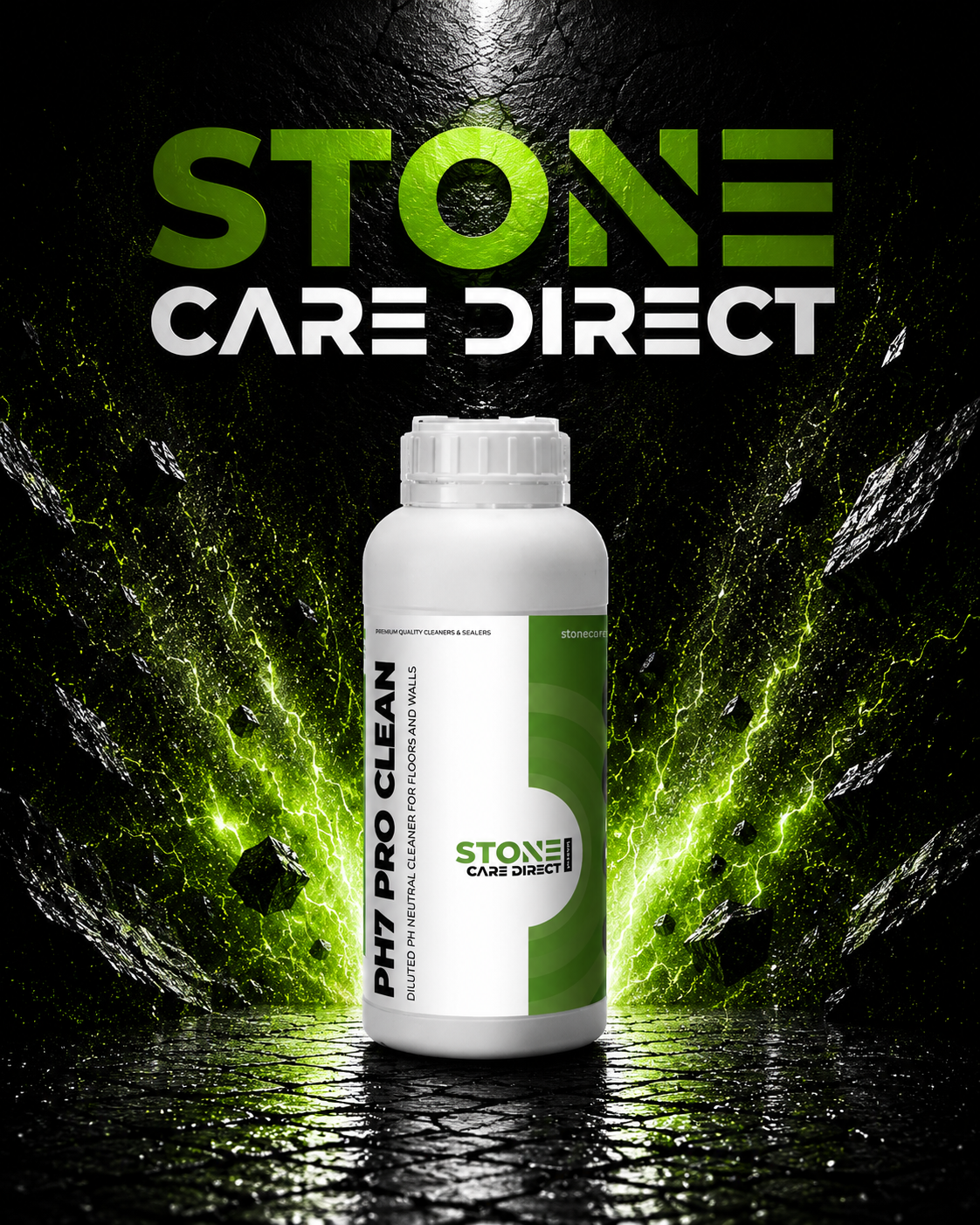 Bottle of Stone Care Direct product on a dark background with green accents