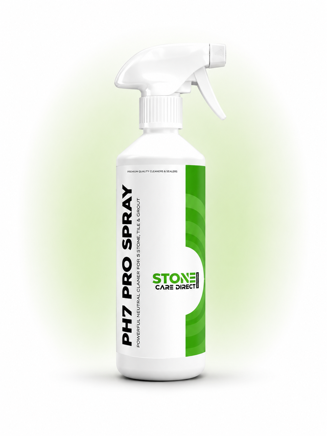 White spray bottle with green label on a white background