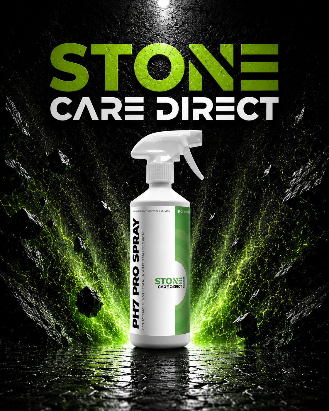 Stone Care Direct spray bottle with a dark background and green accents