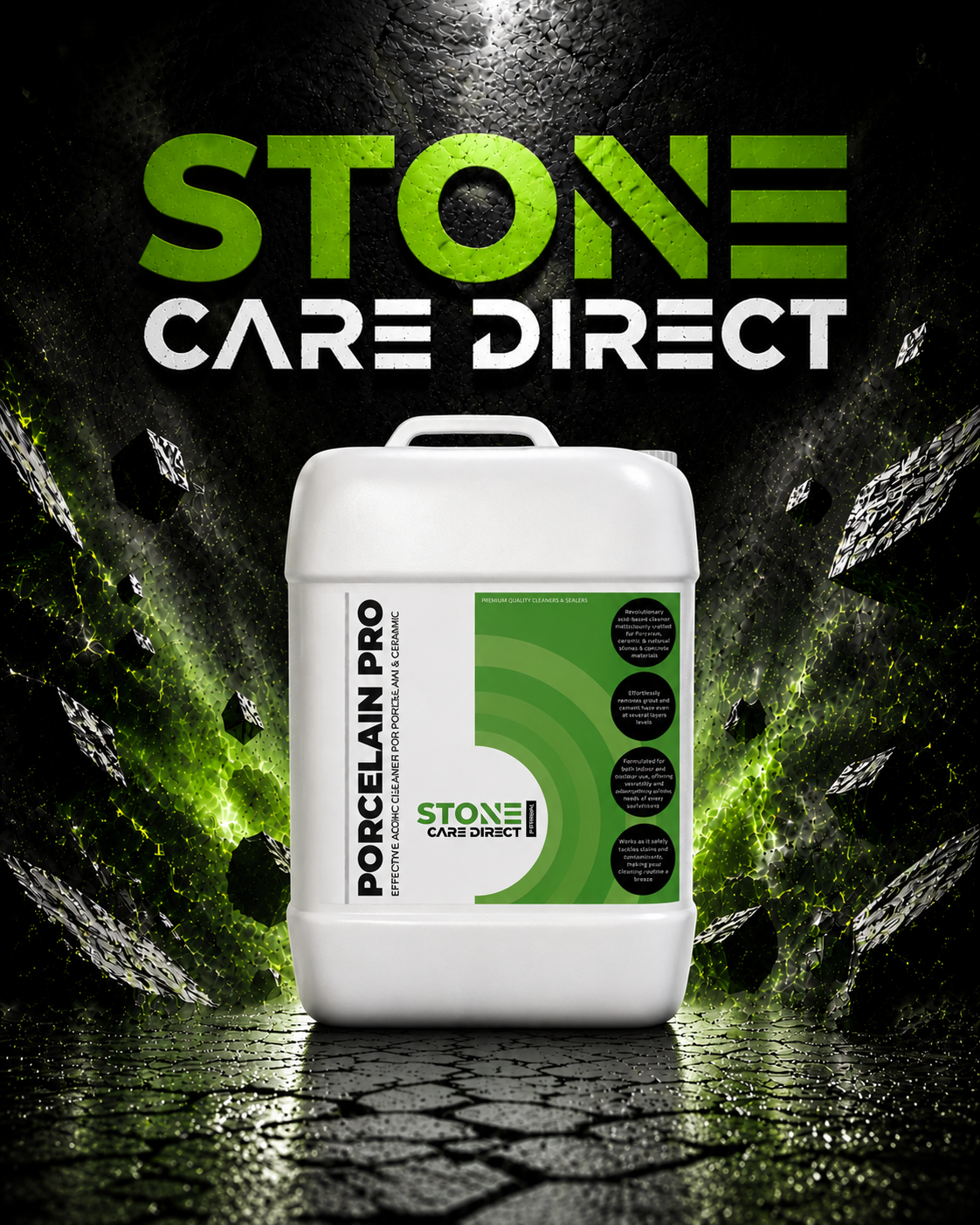 Container of Stone Care Direct product with a dark background featuring rocks and water.