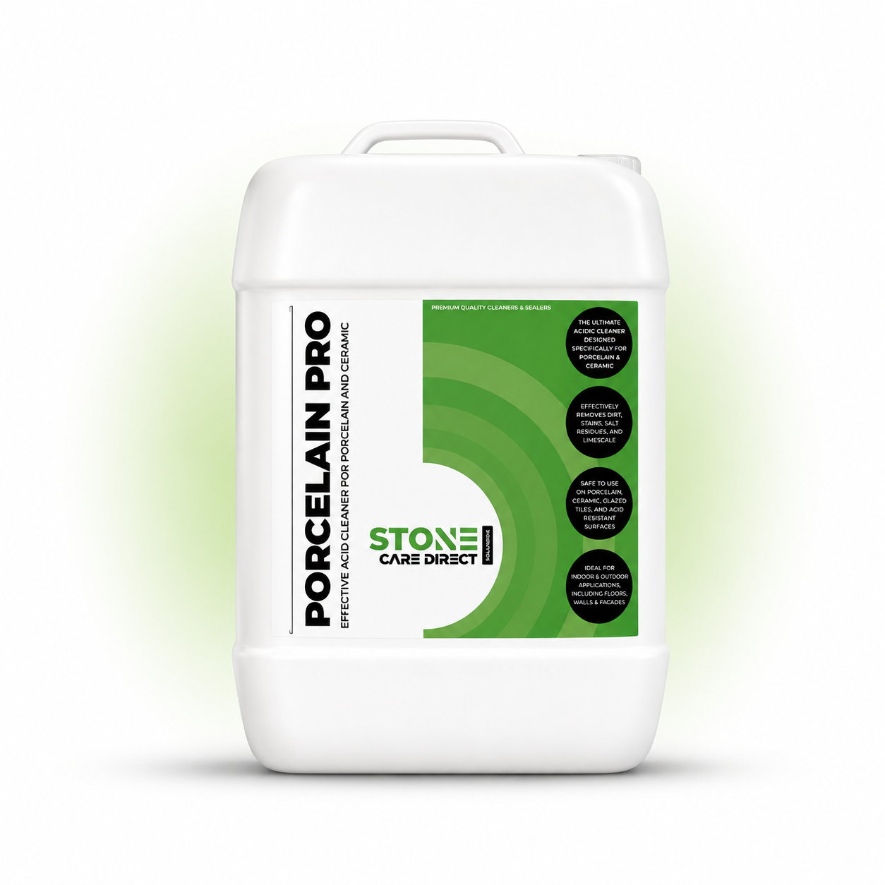 White container with a green and black label for Stone Care Direct Porcelain Pro on a white background