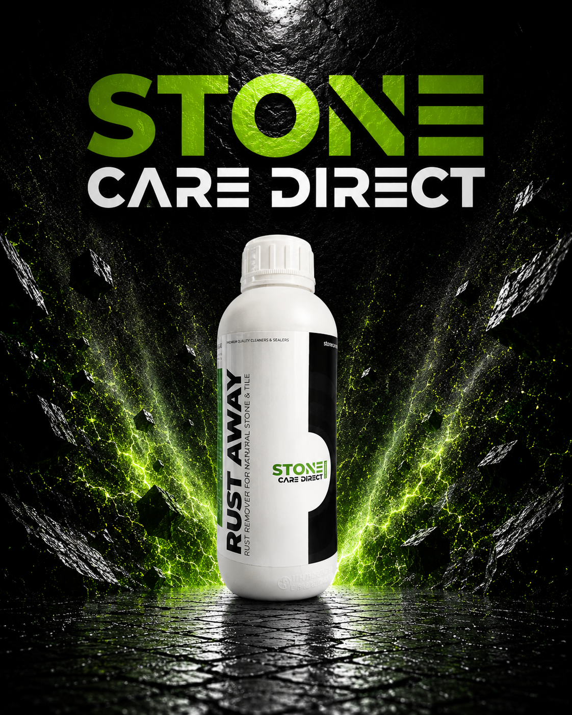 Bottle of Stone Care Direct Rust Away product on a dark stone background