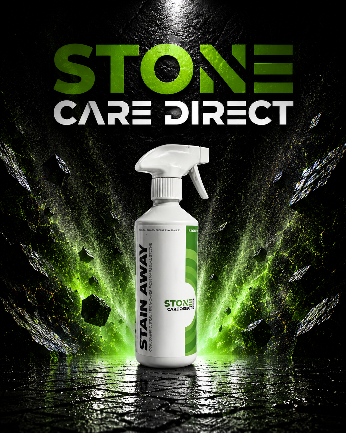 Stone Care Direct Stain Away spray bottle with a stone background