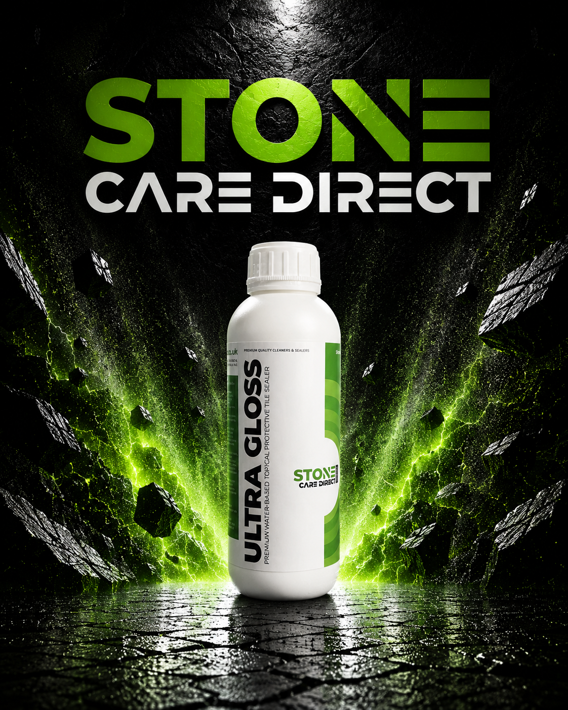 Bottle of Stone Care Direct Ultra Gloss against a dark, textured background