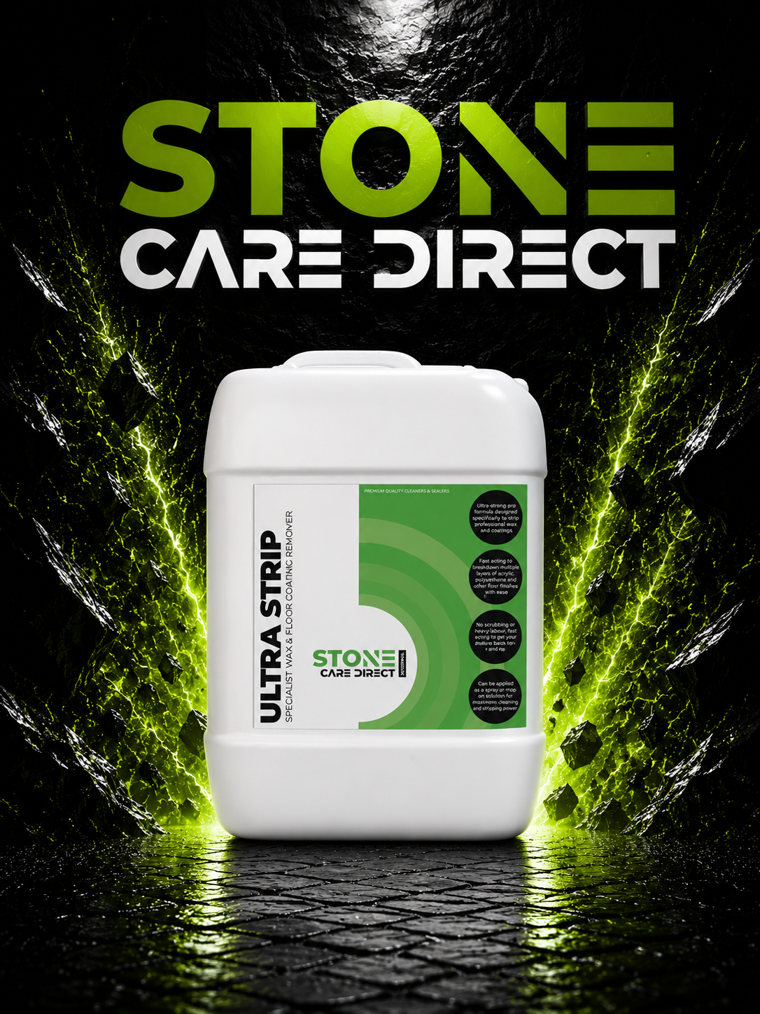 Container of Stone Care Direct Ultra Strip with a dark, textured background