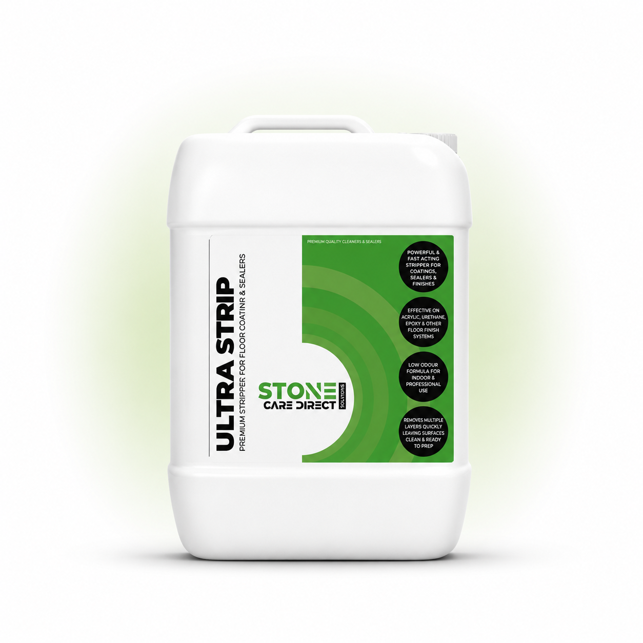 White container with green label featuring 'Ultra Strip' and 'Stone Care Direct' on a light green background