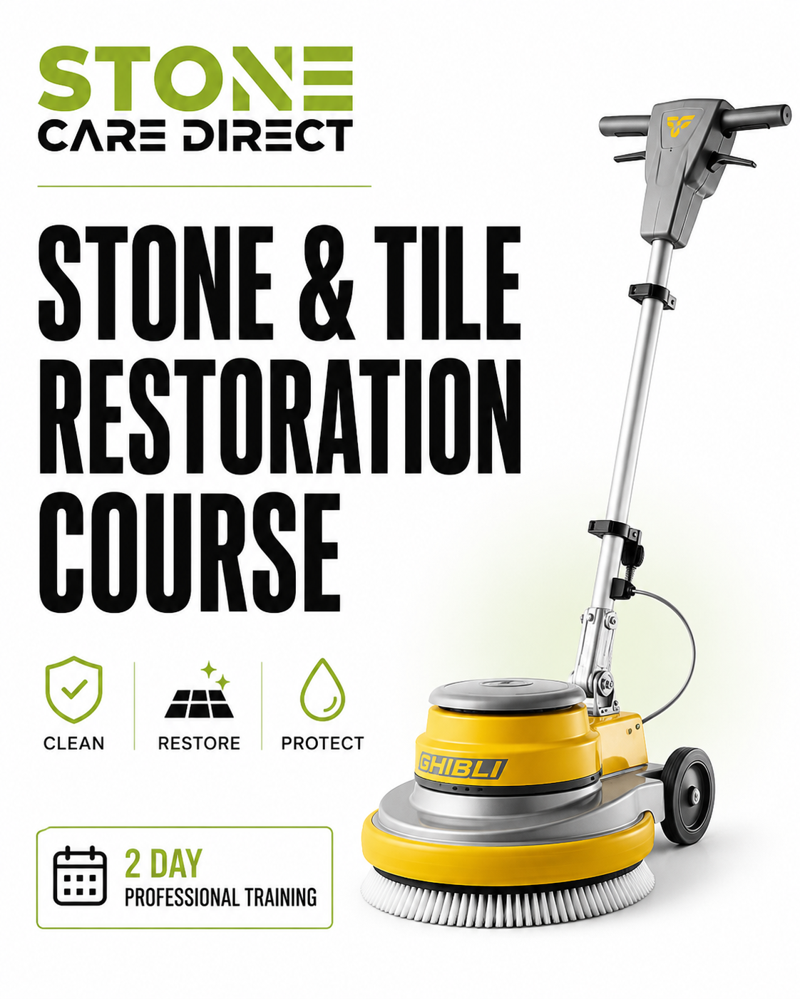 Promotional image for Stone Care Direct stone and tile restoration course with a floor cleaning machine.