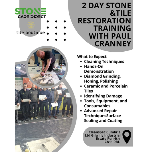 Join Paul Cranney of StoneCare Direct for expert 2-day stone and tile floor restoration training. Learn polishing, sealing, and stain removal. Book now in Cumbria.